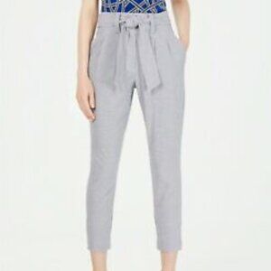 Calvin Klein women 14 printed tie-waist pants grid pattern blue/white cropped